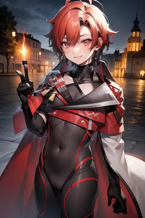 (extremely detailed CG unity 8k wallpaper), (best quality), (ultra-detailed), 1boy, flayon, standing, looking at viewer,  <lora:flayon:0.7>, flayon, red eyes, gloves, jacket, bodysuit, ahoge, smiling, red castle background