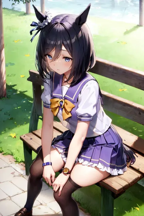 masterpiece, best quality,
eishin flash \(umamusume\), 
full body, sitting on bench, looking away, wristwatch, outdoors,
tracen school uniform, summer uniform, serafuku, puffy short sleeves, purple bowtie, horseshoe ornament, sailor collar, sailor shirt, purple shirt, white skirt, pleated skirt, frills, miniskirt, zettai ryouiki, white thighhighs, brown footwear, loafers
<lora:eishin_flash_loha:0.8>