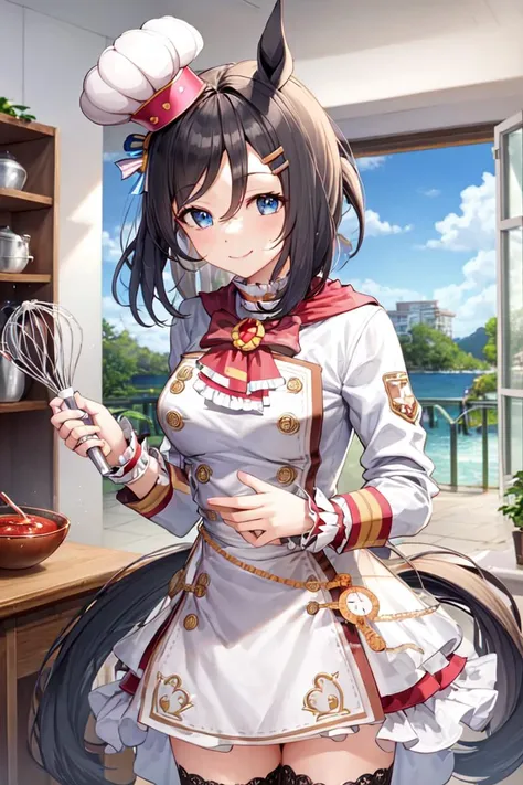 masterpiece, best quality,
eishin flash \(umamusume\),
whisk, holding, bowl, indoors, smile,
official alternate costume, valentine, low twintails, hair ornament, white headwear, tilted headwear, mini hat, chef hat, hairclip, long sleeves, brooch, striped bow, pink bow, brown bow, neckerchief, red ascot, frilled cuffs, wrist cuffs, frills, white dress, apron, buttons, double-breasted, pocket watch, zettai ryouiki, white thighhighs,
<lora:eishin_flash_loha:0.8>