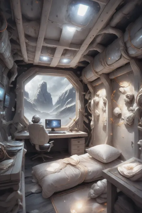 2.5D anime style, Long-Range Scanning Room \(room\) in a quaint scifi hamlet at the beginning of reality<lora:EnvyStarlightPearlescent01:1>