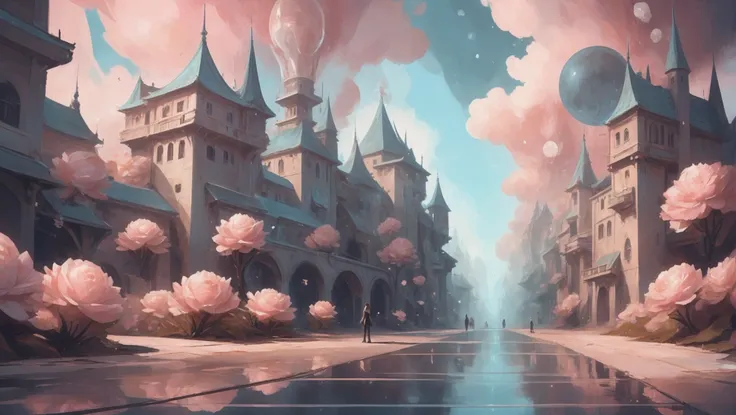 anime style, (soft surreal digital painting:2.2), (sparkling pastel mistyrose:2), Mystical,infinite fantasy megacity outside of time<lora:EnvyStarlightPearlescent01:0.55><lora:EnvyStarlightGritty01:0.7>