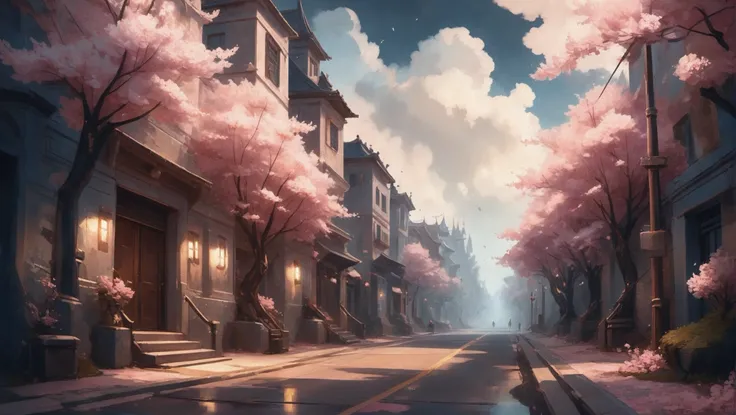 anime style, (soft paranormal romance digital painting:2.2), cherry blossom road in a indescribable,utopian fantasy cloud metropolis edge of the multiverse, masterpiece<lora:EnvyStarlightPearlescent01:0.55><lora:EnvyStarlightGritty01:0.7>