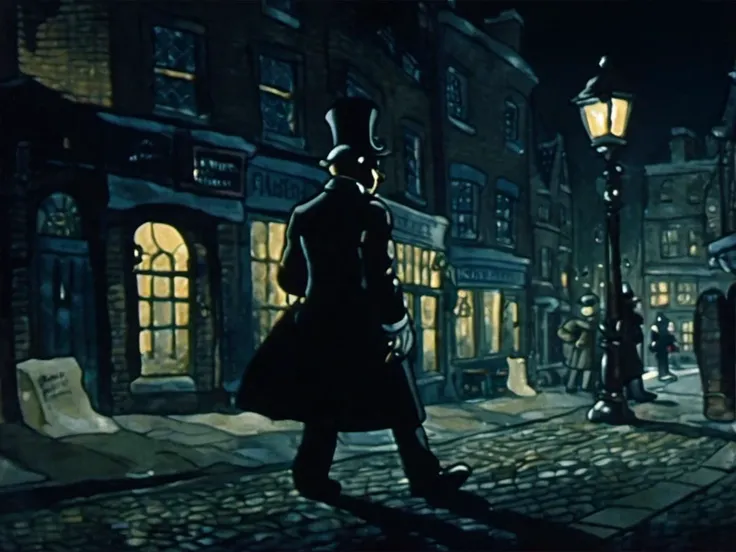 Jack the Ripper, wearing a coat and a top hat, streets of Victorian London at night, Rune Andreasson style <lora:Rune_Andreasson_Style_V2:1>