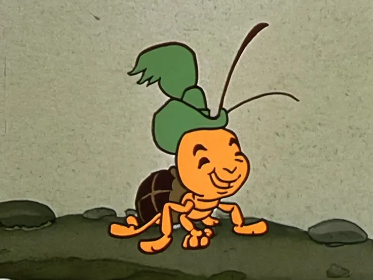 A cockroach smiling, wearing a green hat, moss and asphalt background, Rune Andreasson style <lora:Rune_Andreasson_Style_V2:1>