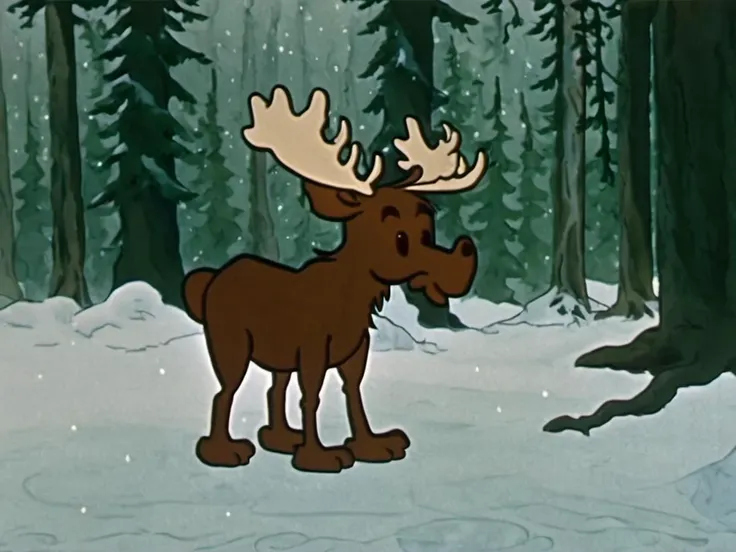 A brown moose, dark snowy forest background, Rune Andreasson style <lora:Rune_Andreasson_Style_V2:1>