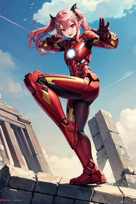 masterpiece, best quality, highres, aakrul, long hair, two side up, hair ornament, pointy ears, small breasts, <lora:krul_tepes_v1:0.7>, iron man, fighting stance, ruins,