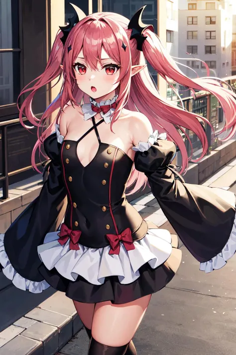 Professional Photography, 8k, highly detailed, intense lighting, daytime photography, sun light,
BREAK, 
slave choker, succubus girl, (bat ears), (succubus horns), (black skin:1.6), red eyes, smug eyes, (red glowing hair), straight red hair, big boobs:1.2, blush, thick eyeliner, ((red eyebrows)), 
BREAK,
((((Layers of bright colorful accessories)))), sticker-covered platform heels, ((mismatched thigh-highs)), (oversized bows), (((((statement decora fashion))))), (((plethora of kawaii accessories))), the character starring in a Harajuku-themed fashion editorial for a renowned magazine, BREAK, the photoshoot takes place against (iconic Harajuku backdrops), capturing the essence of the district's diverse fashion culture, 