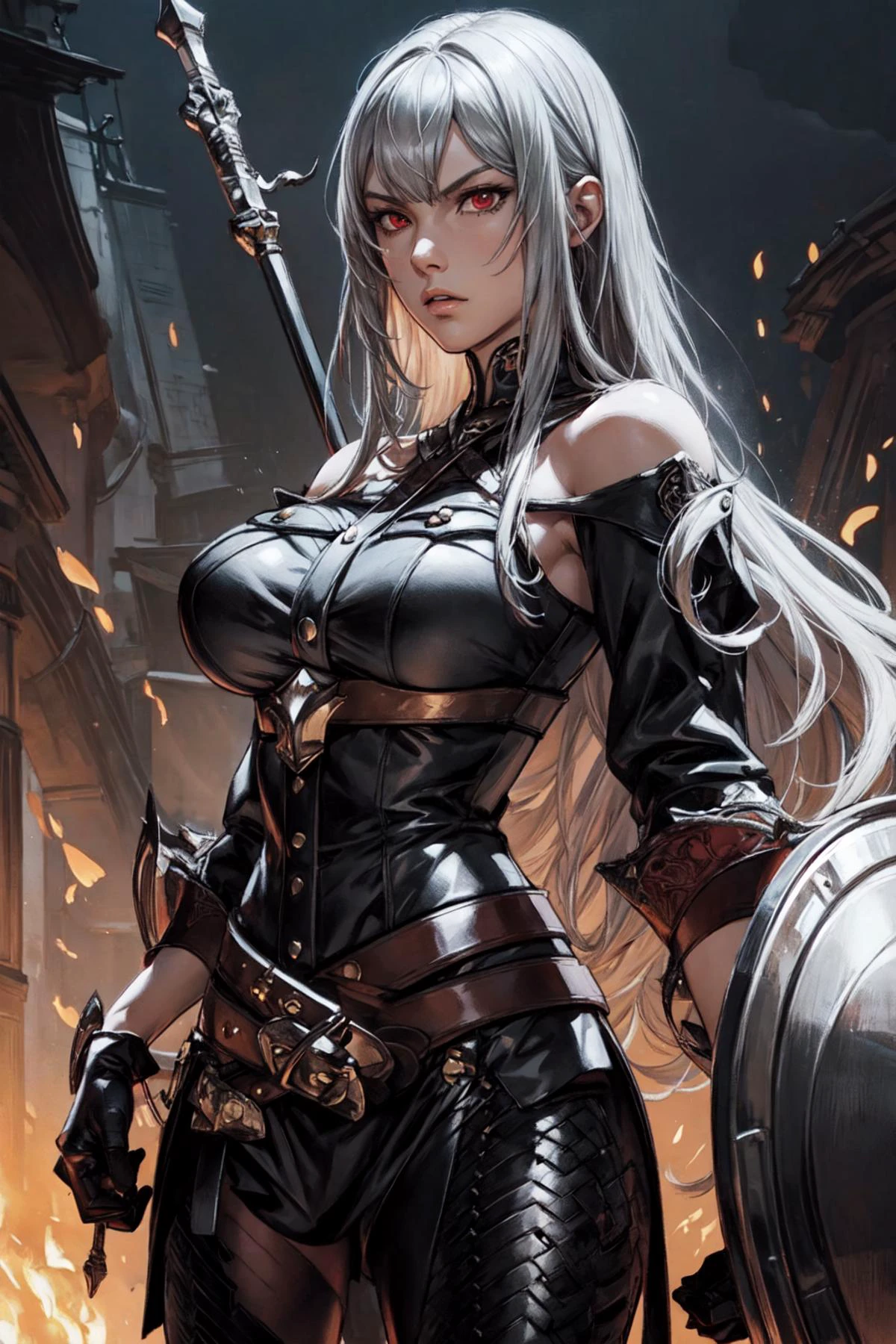 thick outlines, comics, photorealistic, 1girl, solo, polearm, shield, <lora:selvaria-nvwls-v1-final:0.7>, selvaria, black shirt, red eyes, bare shoulders, detached sleeves, belt, black pants, black gloves, detailed background, detailed face, detailed eyes, <lora:add_detail:0.7>