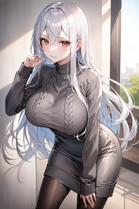 masterpiece, best quality, selvaria, light grey sweater, looking at viewer, leaning forward <lora:selvaria-nvwls-v2-000010:0.7>