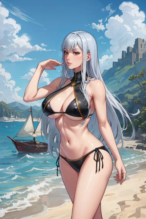 masterpiece, 4K, best quality, beach, sea, boat in distance, coastal village <lora:selvaria-nvwls-v2-000010:0.9>