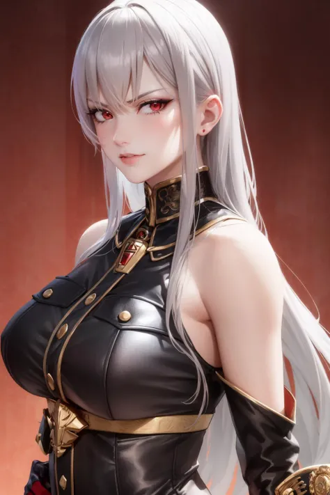 masterpiece, 4K, best quality, selvaria, black shirt, bare shoulders, detached sleeves, belt, black gloves, upper body, pink and red lighting, looking at viewer, evil smirk, furrowed brow, close-up <lora:selvaria-nvwls-v2-000010:0.9>
