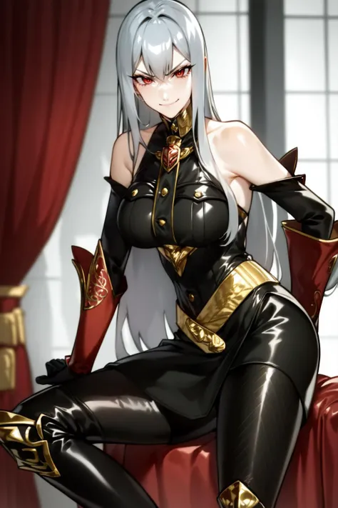 masterpiece, best quality, 1girl, selvaria, black shirt, bare shoulders, detached sleeves, belt, black pants, high heel boots, black gloves, sitting, red velvet chair, indoors, decorated room, looking at viewer, smirk <lora:selvaria-nvwls-v2-000010:0.9>