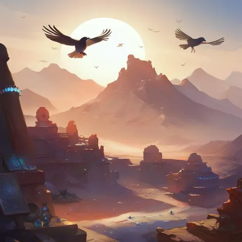 score_9,score_8_up,score_7_up,score_6_up,
Picture of a character in a desert sand clothing, remains of civilization, sun, birds, lights, one_mountain,