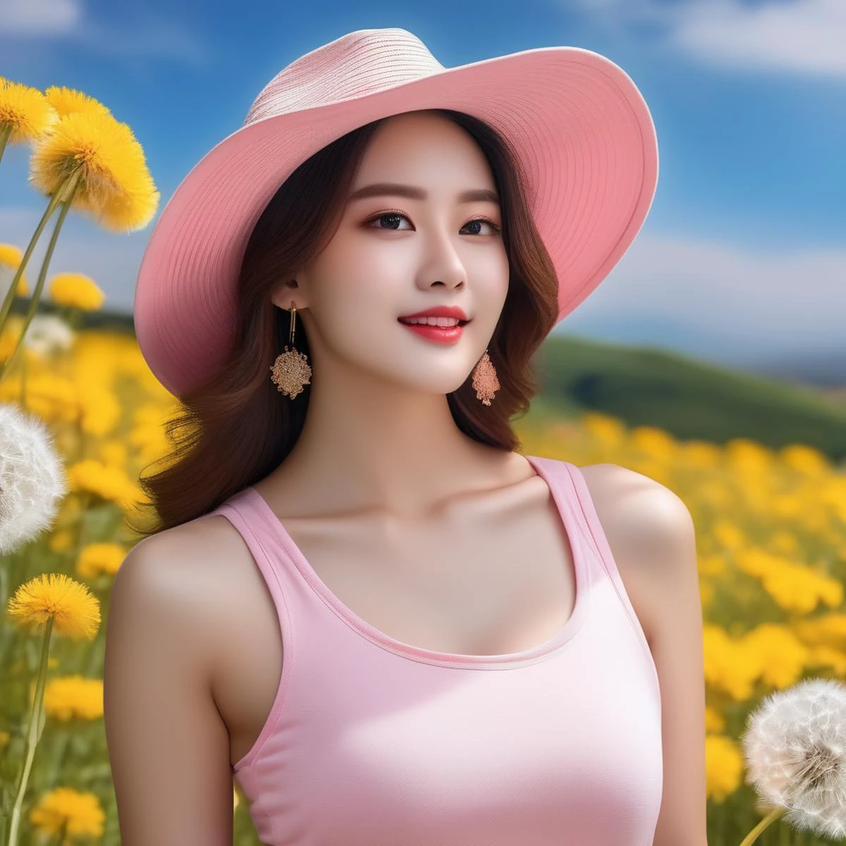 (Canon RF85mm f/1.2,best quality,HDR,Realisticity:1.4,(realistic light and shadow):1.5,Cinematic Lighting),(1 girl,standing,korean mixed,kpop idol:1.2,beautiful long_Slender_legs),(long_brown_wavy_hair),(lipstick,pink lips,pink_shiny_lips,pink_eyeshadow,eyelashes,powder_blusher,make-up),(white_shiny_skin,black eyes,Pore,skin texture,shiny),(necklace,earrings,bracelet,floral_tattoo on arm),big breasts,smile,dynamic angle,Dynamic pose,((sunny,Blue sky and white clouds,dandelions scattered throughout the mountains and fields,A peaceful meadow with dandelions and colorful wildflowers)),((Training tanktop and running short tights)),