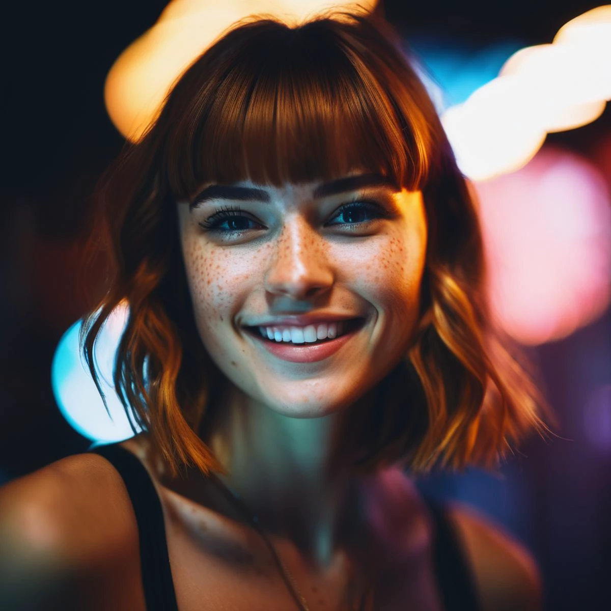 vpzdxizz,beautiful lady,(freckles),big smile,brown hazel eyes,Full Bangs,dark makeup,soft light,head and shoulders portrait,cover,portrait,sidelighting,neon lighting,neon halo,cinematic angle,masterpiece,best quality,