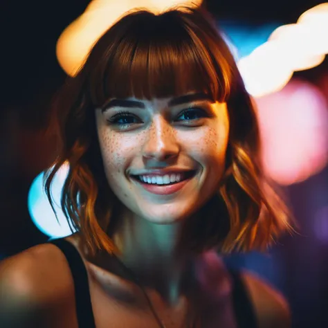 vpzdxizz,beautiful lady,(freckles),big smile,brown hazel eyes,Full Bangs,dark makeup,soft light,head and shoulders portrait,cover,portrait,sidelighting,neon lighting,neon halo,cinematic angle,masterpiece,best quality,