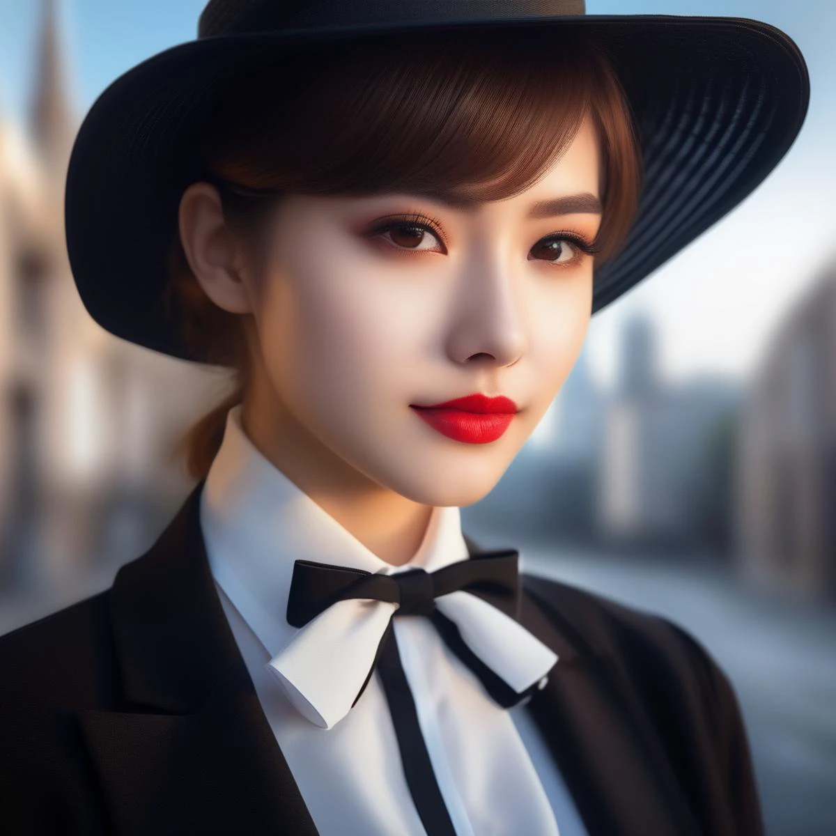 short hair,bowtie,white shirt,portrait,outdoors,city,red lipstick,eyeliner,eye shadow,blush,best quality,masterpiece,extreme details,high resolution,detailed eyes,beautiful eyes,detailed face,beautiful face,photo of the most beautiful artwork in the world,professional majestic,8k uhd,dslr,soft lighting,high quality,film grain,High Detail,Sharp focus,dramatic,