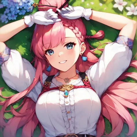 score_9,score_8_up,score_7_up,score_6_up,1girl,lying,arms up,smile,outdoors,looking at viewer,smile,background,grass,park,upper body,close up,<lora:irine:0.7>,irine1,long hair,pink hair,braid,single hair bun,hair stick,necklace,hair ornament,earrings,gloves,belt,tassel,white pants,