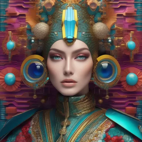 nanoelectronics superconductors, post cyberpunk bionic eye, microDNA fashion, GUCCI design, highly detailed, art by Frida, art deco surrealism; wide wax brush + isometric fractal airpen, multicolor inks + rich colors
