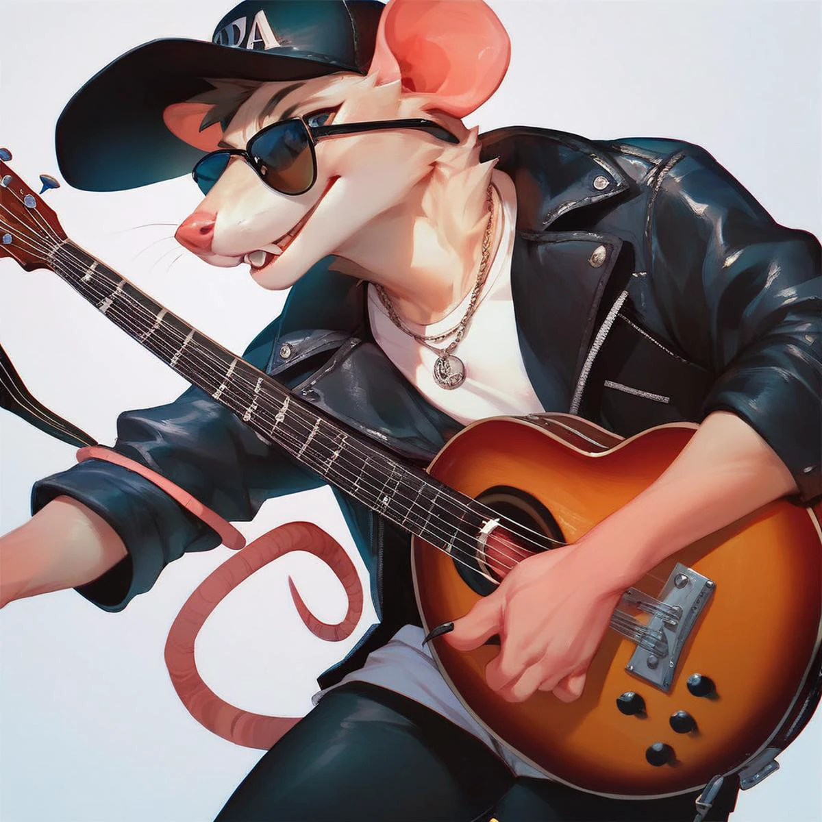 score_9,score_8_up,score_7_up,score_6_up,
A rat wearing a black leather jacket,sunglasses,a hat and holding a guiter,