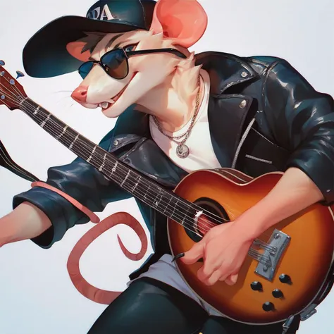 score_9,score_8_up,score_7_up,score_6_up,
A rat wearing a black leather jacket,sunglasses,a hat and holding a guiter,