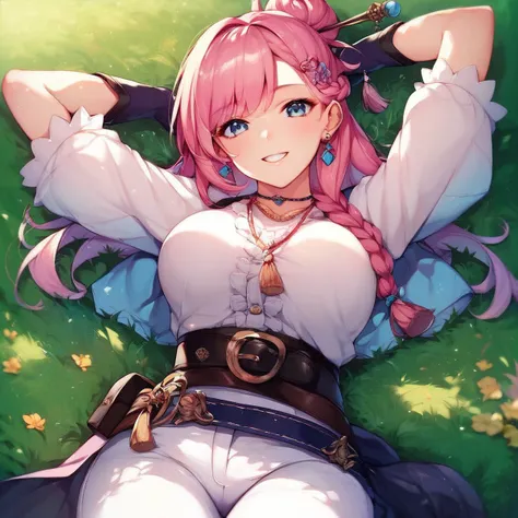score_9,score_8_up,score_7_up,score_6_up,1girl,lying,arms up,smile,outdoors,looking at viewer,smile,background,grass,park,upper body,close up,<lora:irine:0.7>,irine1,long hair,pink hair,braid,single hair bun,hair stick,necklace,hair ornament,earrings,gloves,belt,tassel,white pants,