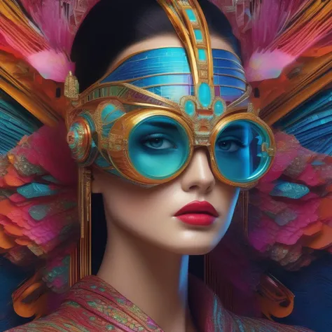 nanoelectronics superconductors, post cyberpunk bionic eye, microDNA fashion, GUCCI design, highly detailed, art by Frida, art deco surrealism; wide wax brush + isometric fractal airpen, multicolor inks + rich colors