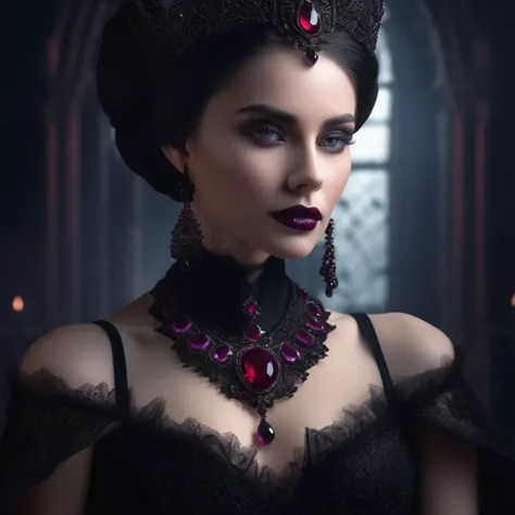 Gothic romance fashion portrait, goth woman adorned in black dress with black tulle and lace against a dark background, embellished with ruby and amethyst jewelry, macro photography, close-up, intricate details, sharp focus, studio setting, hyper-detailed, 3D, 8K, hyper-realism, trending on ArtStation, true to life, realistic, ultra-clear.