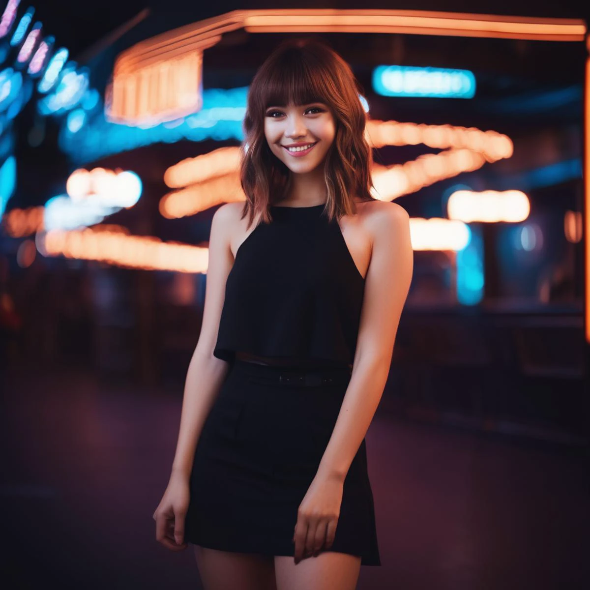 beautiful girl,smile,brown hazel eyes,Full Bangs,dark makeup,soft light,full body portrait,cover,portrait,sidelighting,neon lighting,neon halo,cinematic angle,masterpiece,best quality,full body,