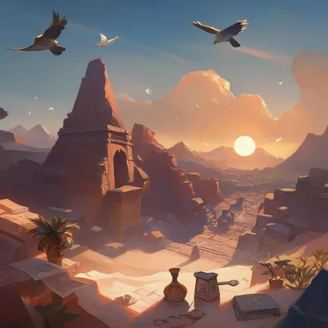 score_9,score_8_up,score_7_up,score_6_up,
Picture of a character in a desert sand clothing, remains of civilization, sun, birds, lights, one_mountain,