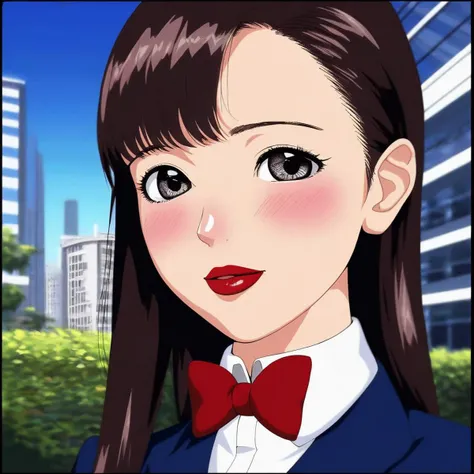 full bangs,straight hair,bowtie,school uniform,portrait,outdoors,city,red lipstick,eyeliner,eye shadow,blush,best quality,masterpiece,extreme details,high resolution,detailed eyes,beautiful eyes,detailed face,beautiful face,photo of the most beautiful artwork in the world,professional majestic,8k uhd,dslr,soft lighting,high quality,film grain,High Detail,Sharp focus,dramatic,full body,