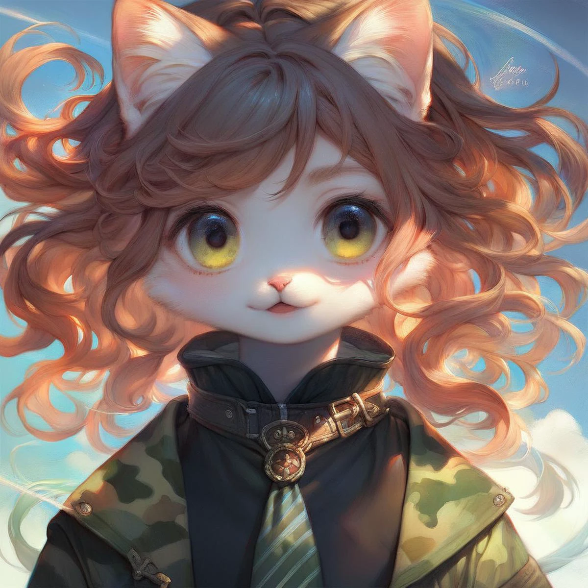 score_9,score_8_up,score_7_up,score_6_up,
Cute cat in full attire including black shirt,tie,and flipped hair,adorned in camouflage texture boots,anime-style character,standing against a panoramic background,soft shading,detailed fur texture,playful demeanor visible in expression,wearing accessories subtly,boots blending with an expansive nature setting,ambient lighting casting gentle shadows,ultra-fine digital painting,high-definition,