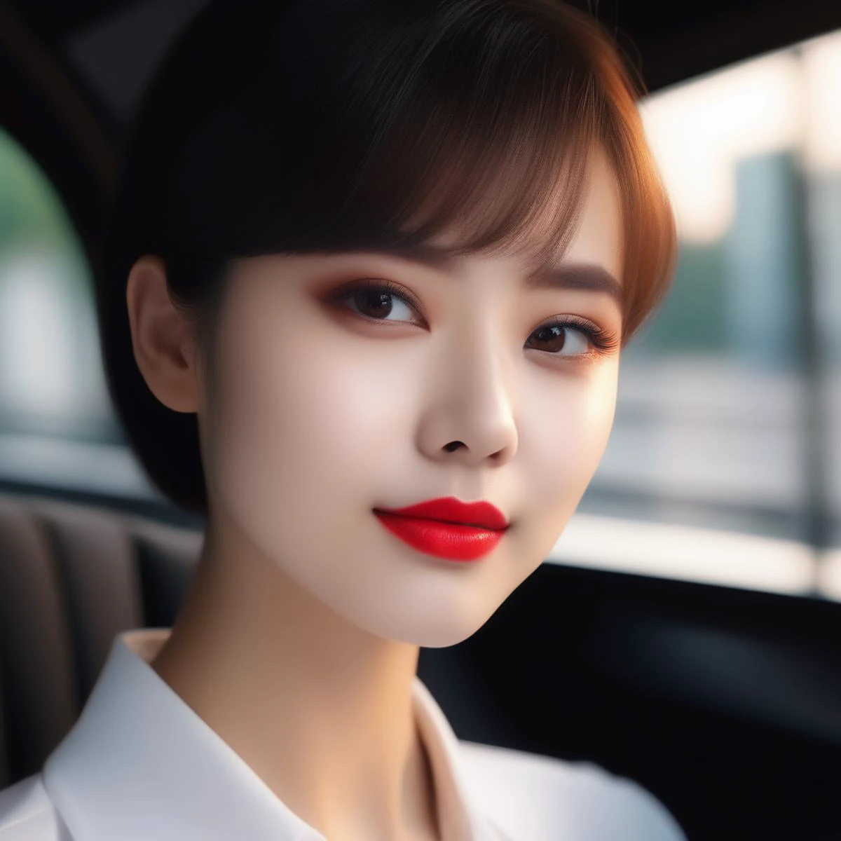 short hair,bowtie,white shirt,portrait,outdoors,city,red lipstick,eyeliner,eye shadow,blush,best quality,masterpiece,extreme details,high resolution,detailed eyes,beautiful eyes,detailed face,beautiful face,photo of the most beautiful artwork in the world,professional majestic,8k uhd,dslr,soft lighting,high quality,film grain,High Detail,Sharp focus,dramatic,