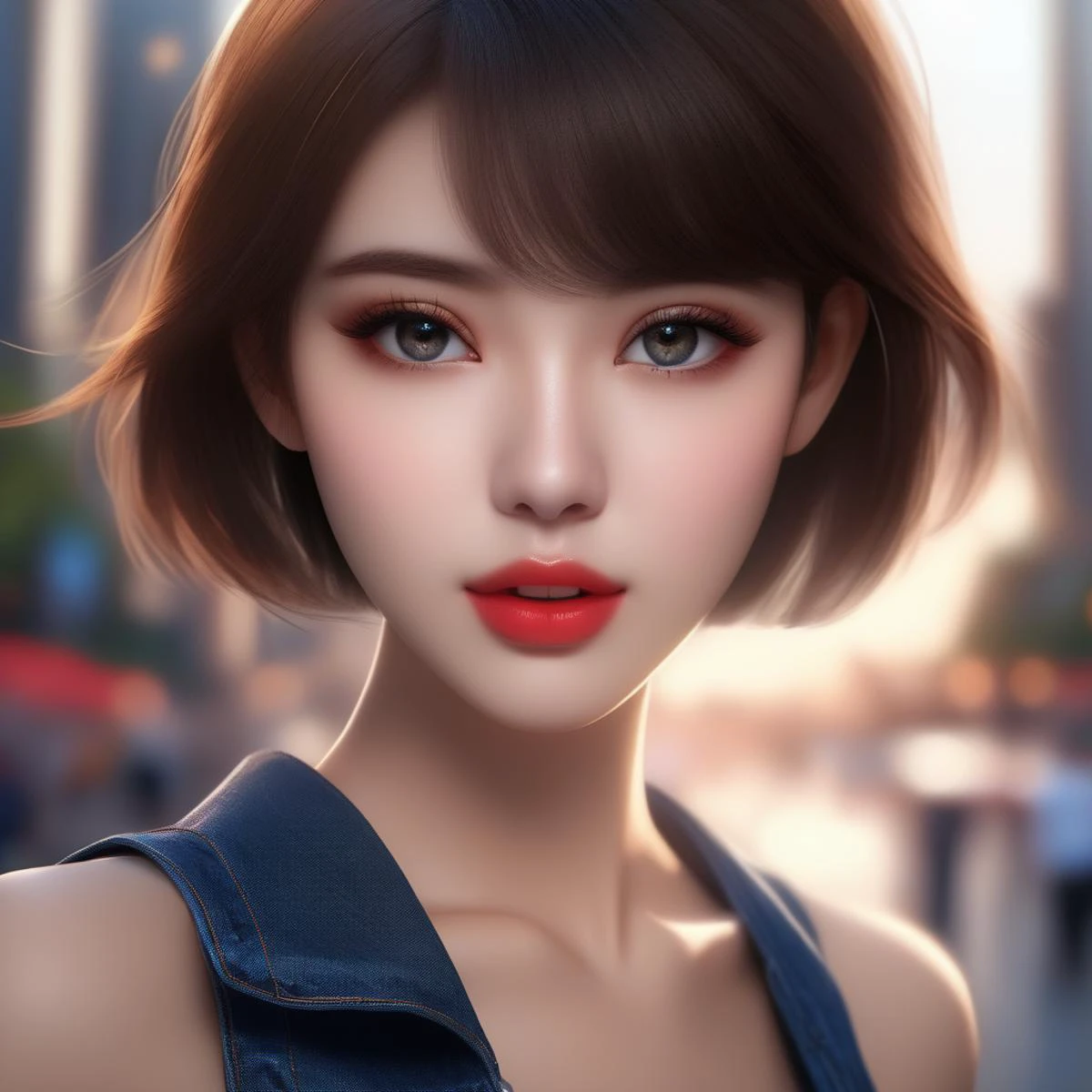short hair,tank_top,denim_shorts,short_shorts, shorts, denim, portrait,outdoors,city,red lipstick,eyeliner,eye shadow,blush,best quality,masterpiece,extreme details,high resolution,detailed eyes,beautiful eyes,detailed face,beautiful face,photo of the most beautiful artwork in the world,professional majestic,8k uhd,dslr,soft lighting,high quality,film grain,High Detail,Sharp focus,dramatic,