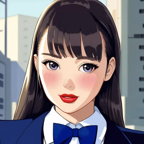 full bangs,straight hair,bowtie,school uniform,portrait,outdoors,city,red lipstick,eyeliner,eye shadow,blush,best quality,masterpiece,extreme details,high resolution,detailed eyes,beautiful eyes,detailed face,beautiful face,photo of the most beautiful artwork in the world,professional majestic,8k uhd,dslr,soft lighting,high quality,film grain,High Detail,Sharp focus,dramatic,full body,