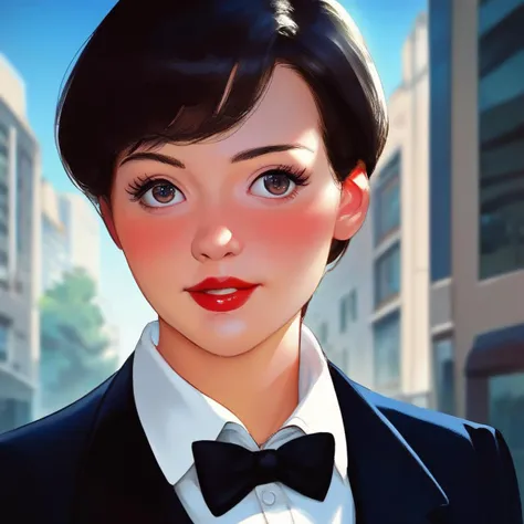 score_9,score_8_up,score_7_up,
short hair,bowtie,white shirt,portrait,outdoors,city,red lipstick,eyeliner,eye shadow,blush,best quality,masterpiece,extreme details,high resolution,detailed eyes,beautiful eyes,detailed face,beautiful face,photo of the most beautiful artwork in the world,professional majestic,8k uhd,dslr,soft lighting,high quality,film grain,High Detail,Sharp focus,dramatic,