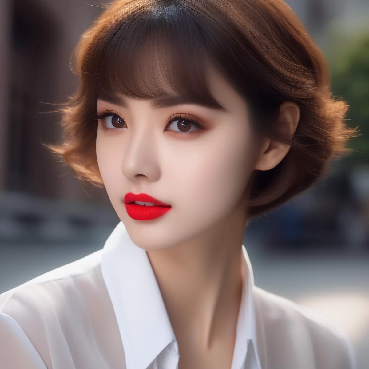 short hair,bowtie,white shirt,portrait,outdoors,city,red lipstick,eyeliner,eye shadow,blush,best quality,masterpiece,extreme details,high resolution,detailed eyes,beautiful eyes,detailed face,beautiful face,photo of the most beautiful artwork in the world,professional majestic,8k uhd,dslr,soft lighting,high quality,film grain,High Detail,Sharp focus,dramatic,