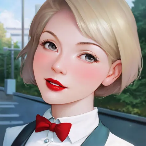 score_9,score_8_up,score_7_up,
short hair,bowtie,white shirt,portrait,outdoors,city,red lipstick,eyeliner,eye shadow,blush,best quality,masterpiece,extreme details,high resolution,detailed eyes,beautiful eyes,detailed face,beautiful face,photo of the most beautiful artwork in the world,professional majestic,8k uhd,dslr,soft lighting,high quality,film grain,High Detail,Sharp focus,dramatic,
