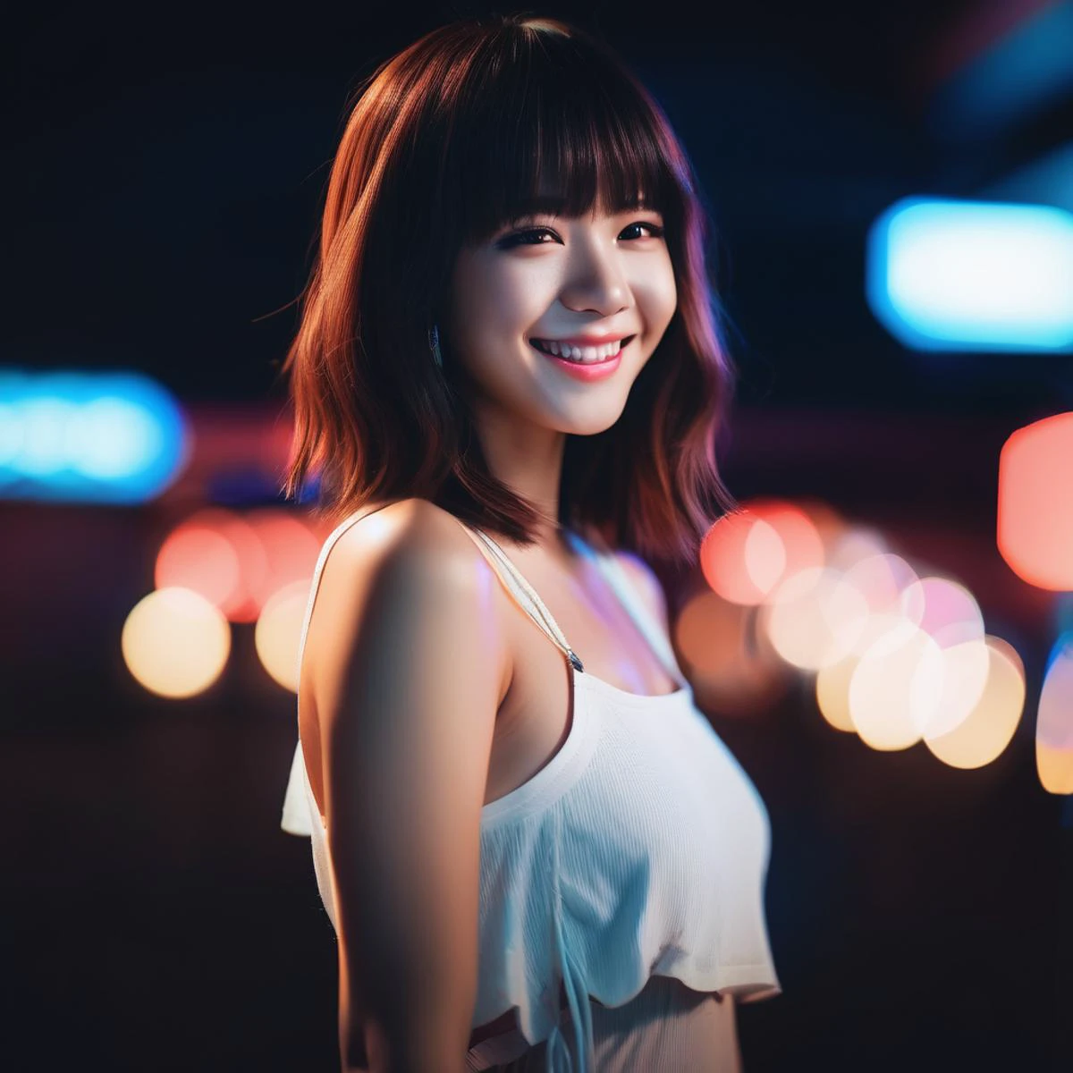 beautiful girl,smile,brown hazel eyes,Full Bangs,dark makeup,soft light,full body portrait,cover,portrait,sidelighting,neon lighting,neon halo,cinematic angle,masterpiece,best quality,full body,Asian,