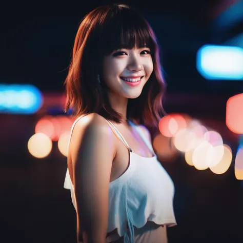 beautiful girl,smile,brown hazel eyes,Full Bangs,dark makeup,soft light,full body portrait,cover,portrait,sidelighting,neon lighting,neon halo,cinematic angle,masterpiece,best quality,full body,Asian,