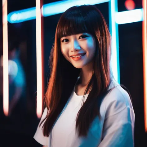 beautiful girl,smile,brown hazel eyes,Full Bangs,dark makeup,soft light,full body portrait,cover,portrait,sidelighting,neon lighting,neon halo,cinematic angle,masterpiece,best quality,full body,Asian,