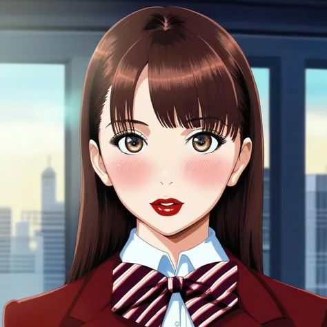 full bangs,straight hair,bowtie,school uniform,portrait,outdoors,city,red lipstick,eyeliner,eye shadow,blush,best quality,masterpiece,extreme details,high resolution,detailed eyes,beautiful eyes,detailed face,beautiful face,photo of the most beautiful artwork in the world,professional majestic,8k uhd,dslr,soft lighting,high quality,film grain,High Detail,Sharp focus,dramatic,full body,