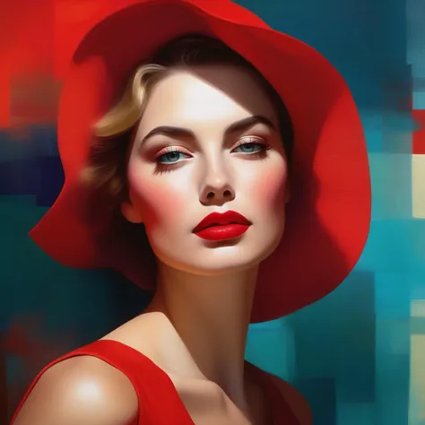 Half-length portrait of a woman clad in vibrant, sleeveless linen attire, lips tinted in intense red, eyes enriched with long lashes, captured in a pop art style, background whimsically blurred, executed with organic, naturally inspired lighting, detailed with hyper-realistic touches, in the signature style of Mandy Disher, high-quality masterpiece, ultra fine, digital painting.