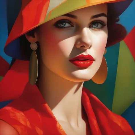 Half-length portrait of a woman clad in vibrant, sleeveless linen attire, lips tinted in intense red, eyes enriched with long lashes, captured in a pop art style, background whimsically blurred, executed with organic, naturally inspired lighting, detailed with hyper-realistic touches, in the signature style of Mandy Disher, high-quality masterpiece, ultra fine, digital painting.