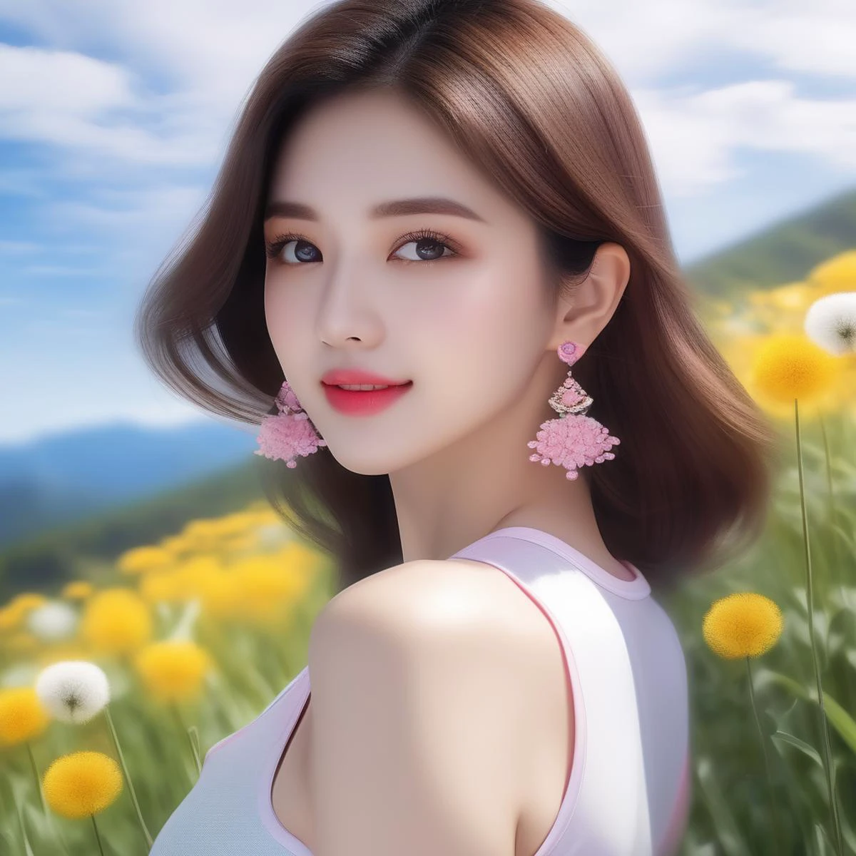 (Canon RF85mm f/1.2,best quality,HDR,Realisticity:1.4,(realistic light and shadow):1.5,Cinematic Lighting),(1 girl,standing,korean mixed,kpop idol:1.2,beautiful long_Slender_legs),(long_brown_wavy_hair),(lipstick,pink lips,pink_shiny_lips,pink_eyeshadow,eyelashes,powder_blusher,make-up),(white_shiny_skin,black eyes,Pore,skin texture,shiny),(necklace,earrings,bracelet,floral_tattoo on arm),big breasts,smile,dynamic angle,Dynamic pose,((sunny,Blue sky and white clouds,dandelions scattered throughout the mountains and fields,A peaceful meadow with dandelions and colorful wildflowers)),((Training tanktop and running short tights)),