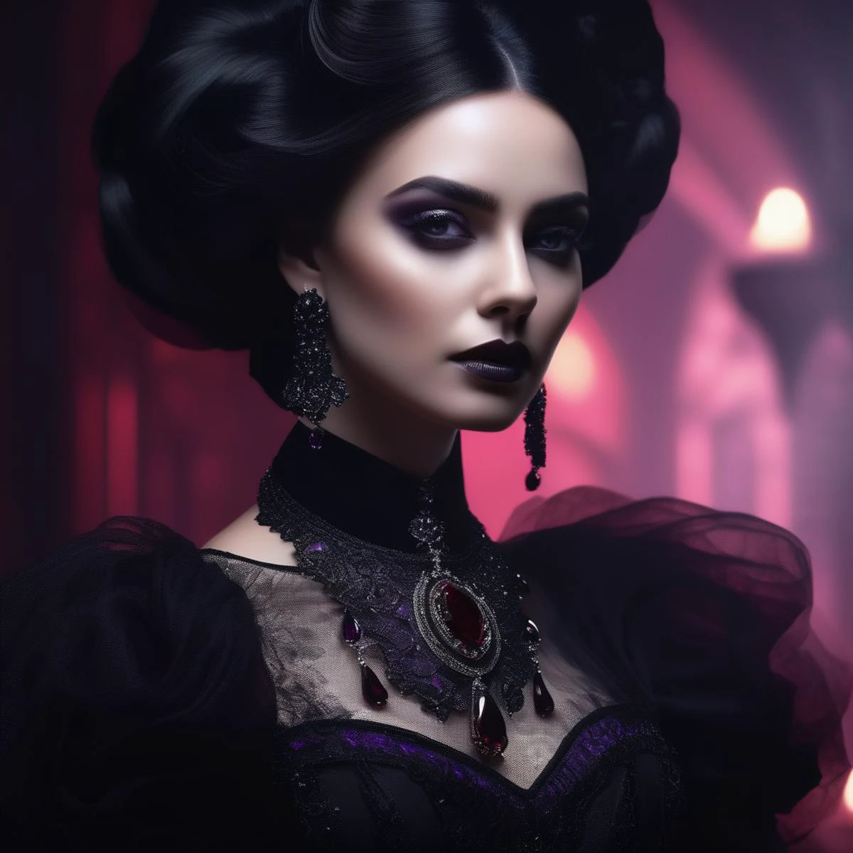 Gothic romance fashion portrait, goth woman adorned in black dress with black tulle and lace against a dark background, embellished with ruby and amethyst jewelry, macro photography, close-up, intricate details, sharp focus, studio setting, hyper-detailed, 3D, 8K, hyper-realism, trending on ArtStation, true to life, realistic, ultra-clear.