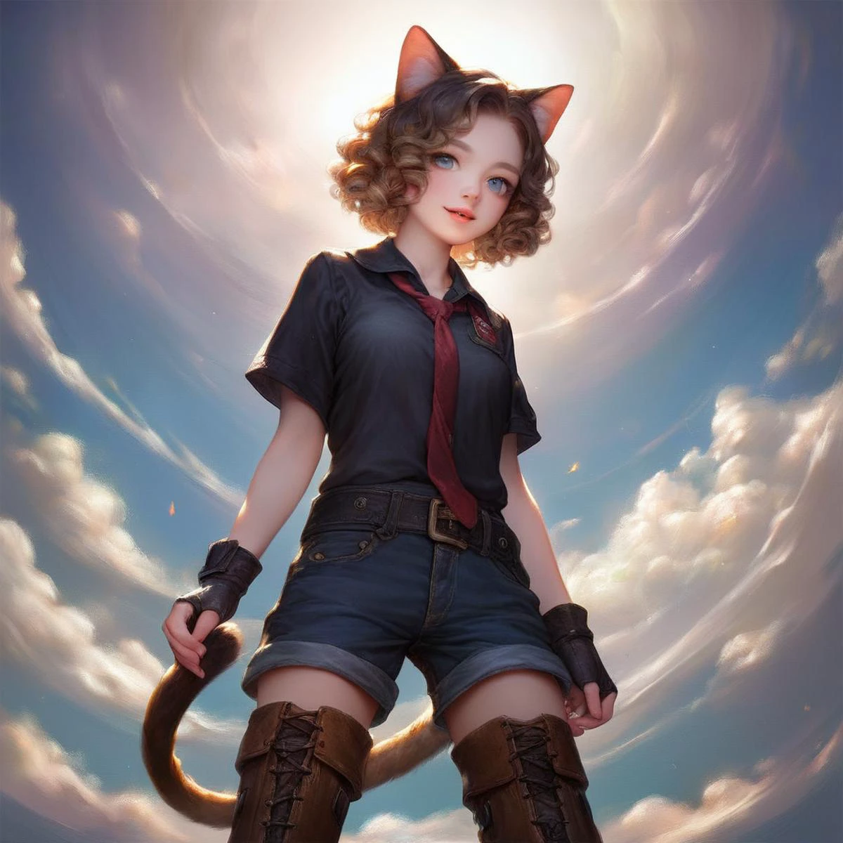 score_9,score_8_up,score_7_up,score_6_up,
Cute cat in full attire including black shirt,tie,and flipped hair,adorned in camouflage texture boots,anime-style character,standing against a panoramic background,soft shading,detailed fur texture,playful demeanor visible in expression,wearing accessories subtly,boots blending with an expansive nature setting,ambient lighting casting gentle shadows,ultra-fine digital painting,wide-angle perspective,high-definition,