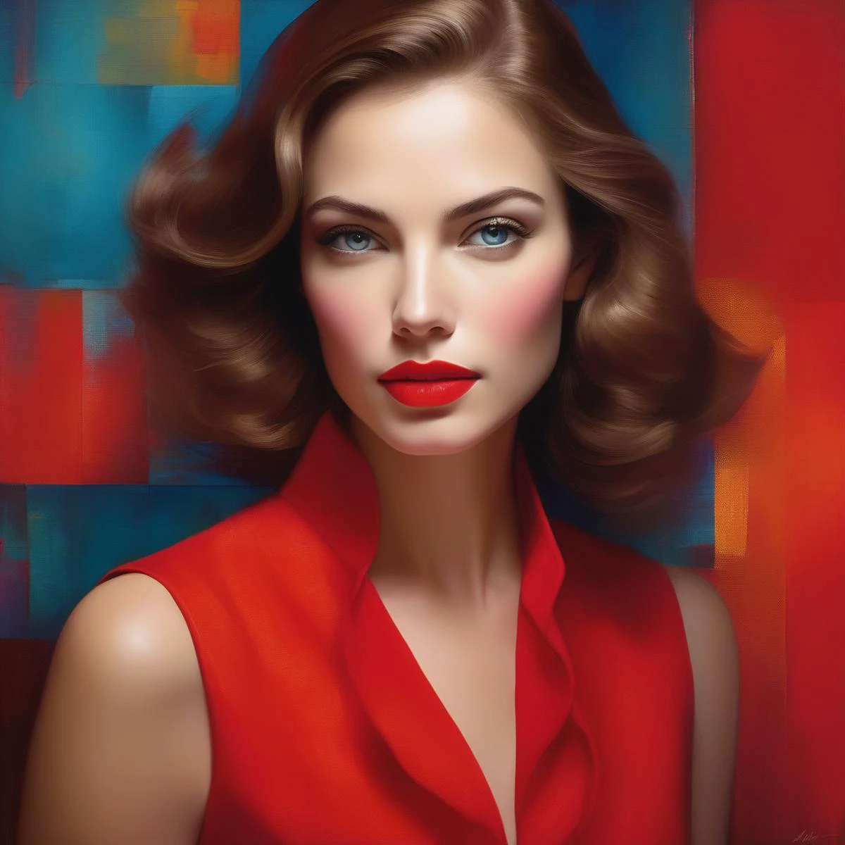 Half-length portrait of a woman clad in vibrant, sleeveless linen attire, lips tinted in intense red, eyes enriched with long lashes, captured in a pop art style, background whimsically blurred, executed with organic, naturally inspired lighting, detailed with hyper-realistic touches, in the signature style of Mandy Disher, high-quality masterpiece, ultra fine, digital painting.