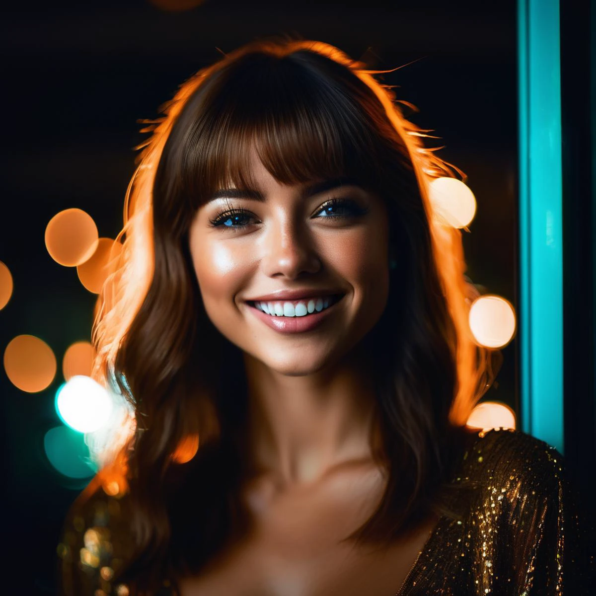 vpzdxizz, beautiful lady, (freckles), big smile, brown hazel eyes, Full Bangs, dark makeup, soft light, head and shoulders portrait, cover, portrait, sidelighting, neon lighting, neon halo, cinematic angle, masterpiece, best quality ,