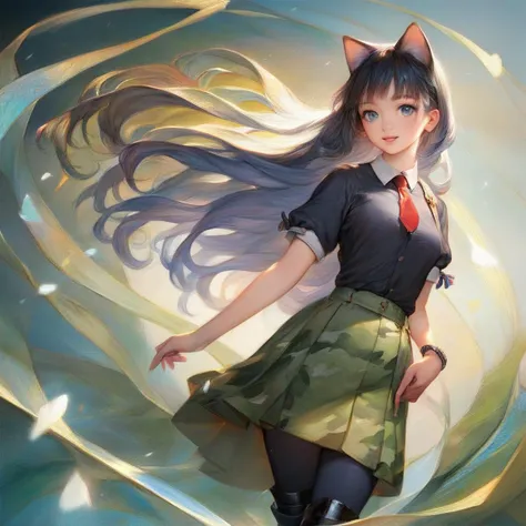 score_9,score_8_up,score_7_up,score_6_up,
Cute cat in full attire including black shirt,tie,and flipped hair,adorned in camouflage texture boots,anime-style character,standing against a panoramic background,soft shading,detailed fur texture,playful demeanor visible in expression,wearing accessories subtly,boots blending with an expansive nature setting,ambient lighting casting gentle shadows,ultra-fine digital painting,high-definition,